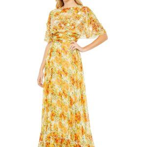 NWT Mac Duggal Floral Print High Neck Cape Sleeve A Line Gown, Yellow, Size 24